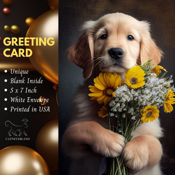 Unique Greeting Card Golden Retriever with Bunch of Flowers