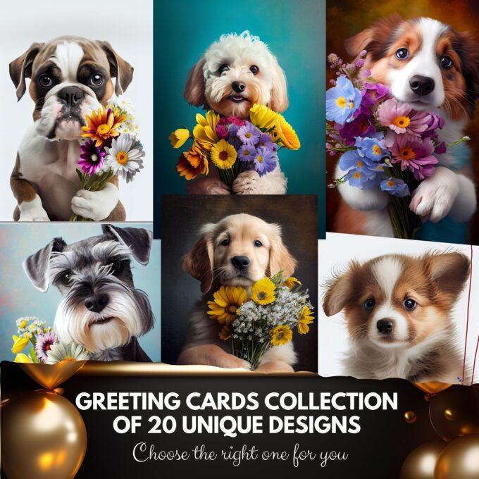 Unique Greeting Card Golden Retriever with Bunch of Flowers