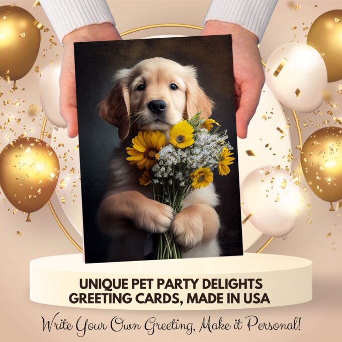 Unique Greeting Card Golden Retriever with Bunch of Flowers