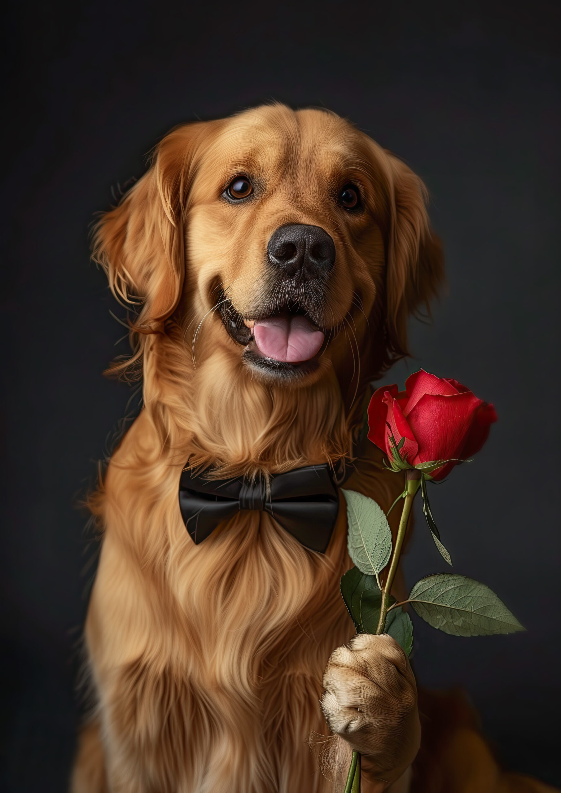 Golden Retriever with Bow Tie and Red Rose LG