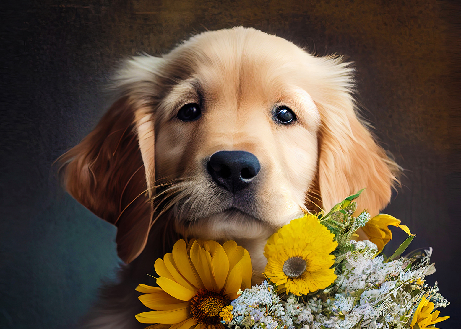 Golden Retriever with Bunch of Flowers