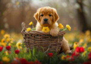 Puppy Golden Retriever with Basket and Flowers Greeting Card