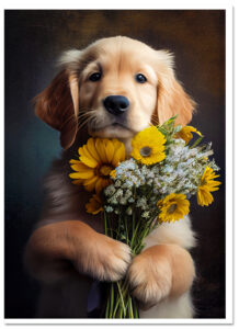 Unique Greeting Card Golden Retriever with Bunch of Flowers