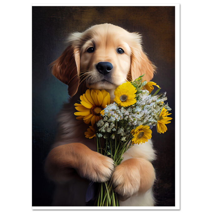 Unique Greeting Card Golden Retriever with Bunch of Flowers Main