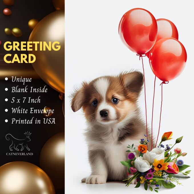 Unique Greeting Card Cute Puppy with Flowers and Red Balloons