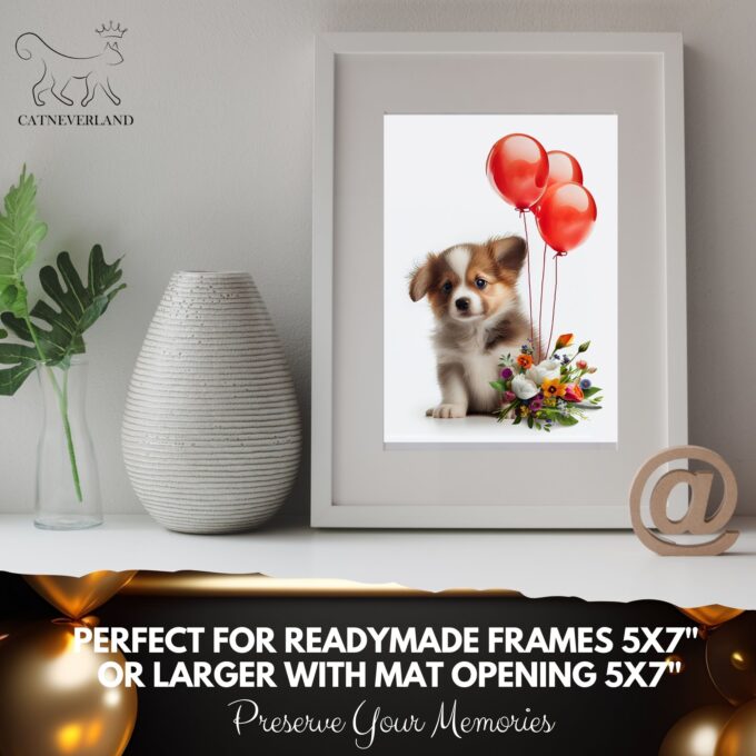 Unique Greeting Card Cute Puppy with Flowers and Red Balloons