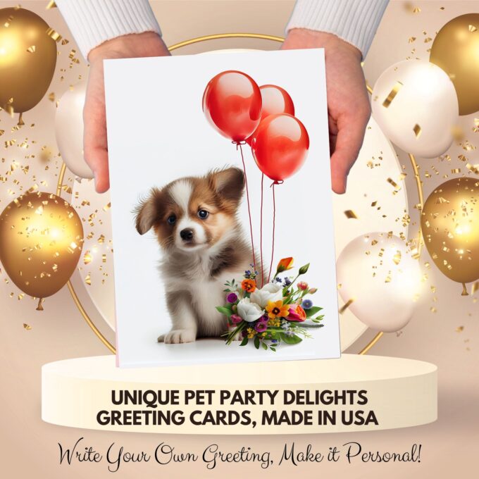 Unique Greeting Card Cute Puppy with Flowers and Red Balloons