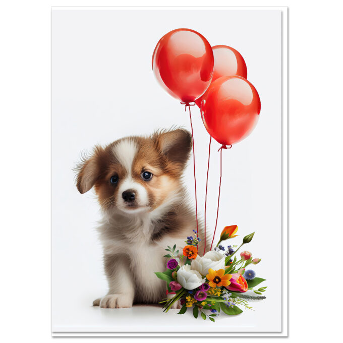 Unique Greeting Card Cute Puppy with Flowers and Red Balloons